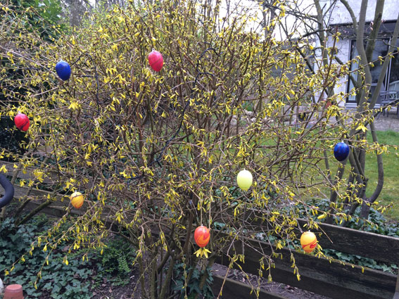 Die bunten Eier bringen Farbe in den grauen Garten